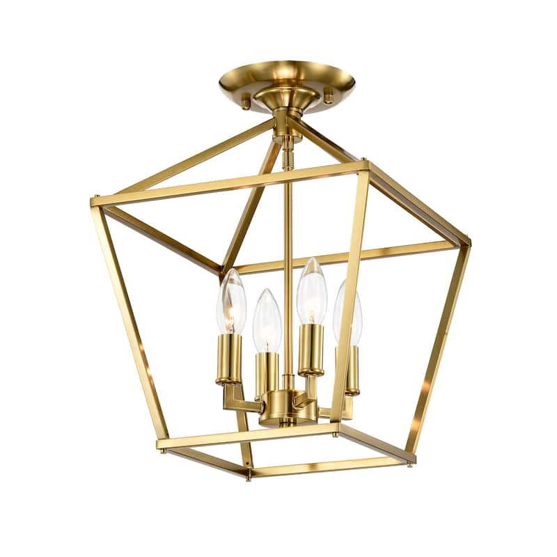 4-Light 12 in. Gold Cage Lantern Farmhouse Semi-flush Mount