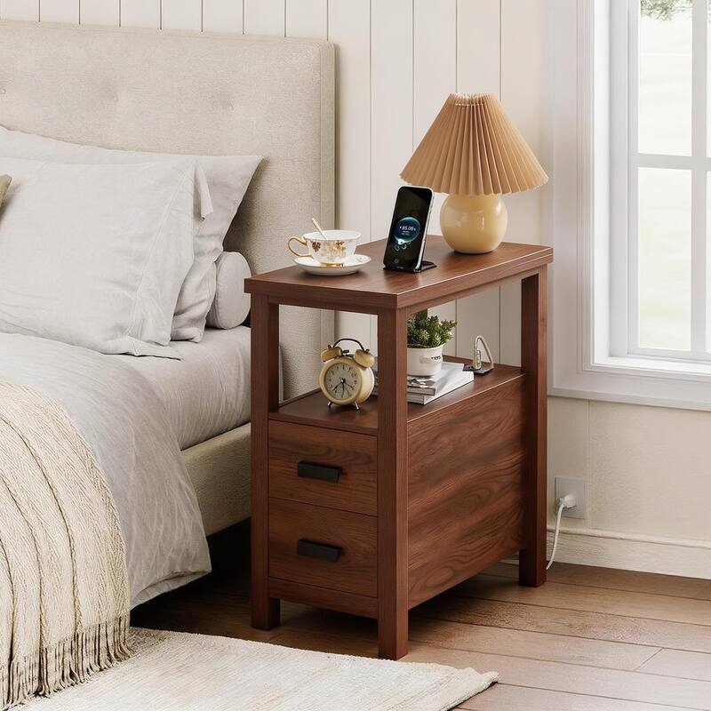 End Table with Charging Station,Side Tables with USB Ports & Outlets,Side Table with 2 Drawers, Small Wood Bedside Table