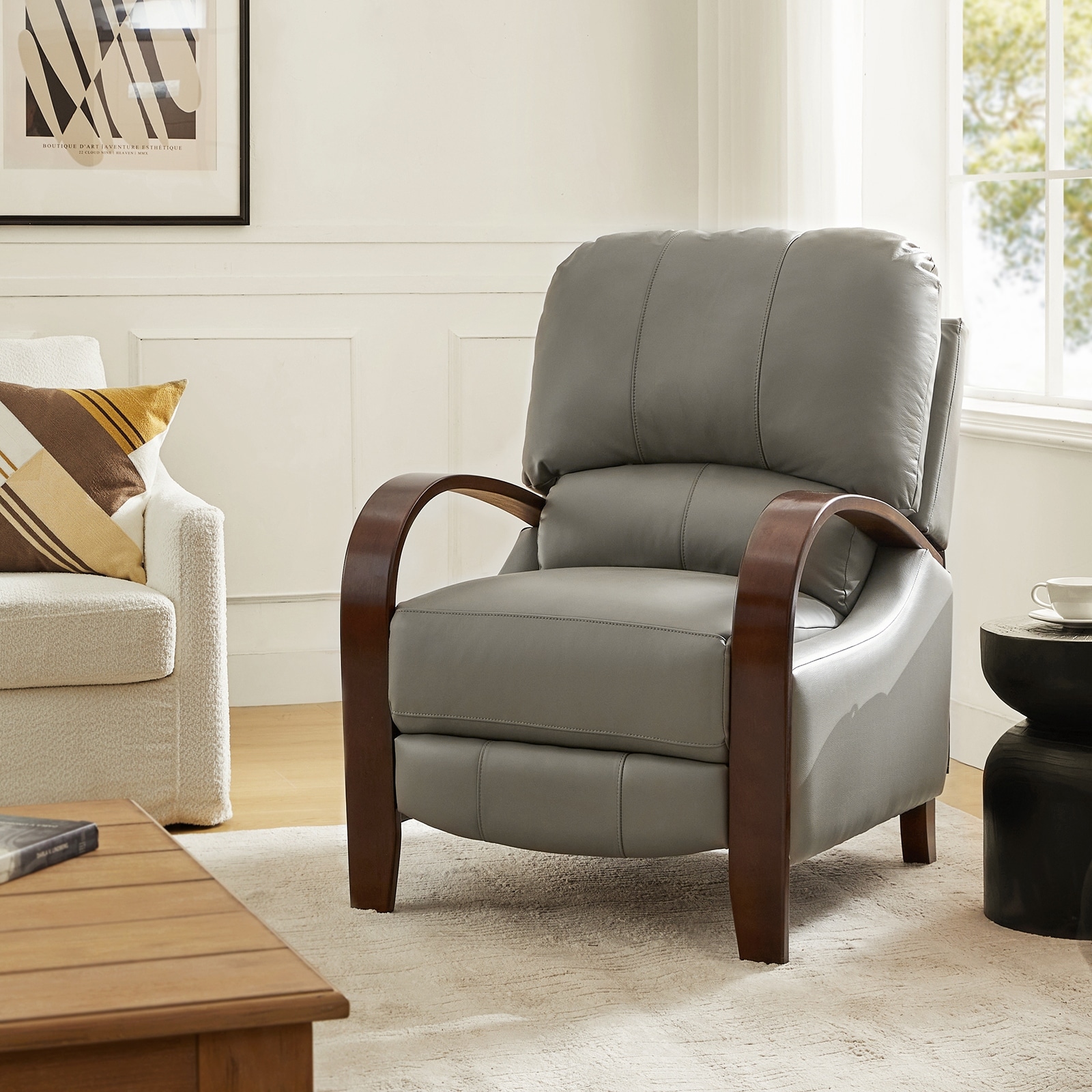 Alexandra Mid-Century Modern Genuine Leather Manual Recliner