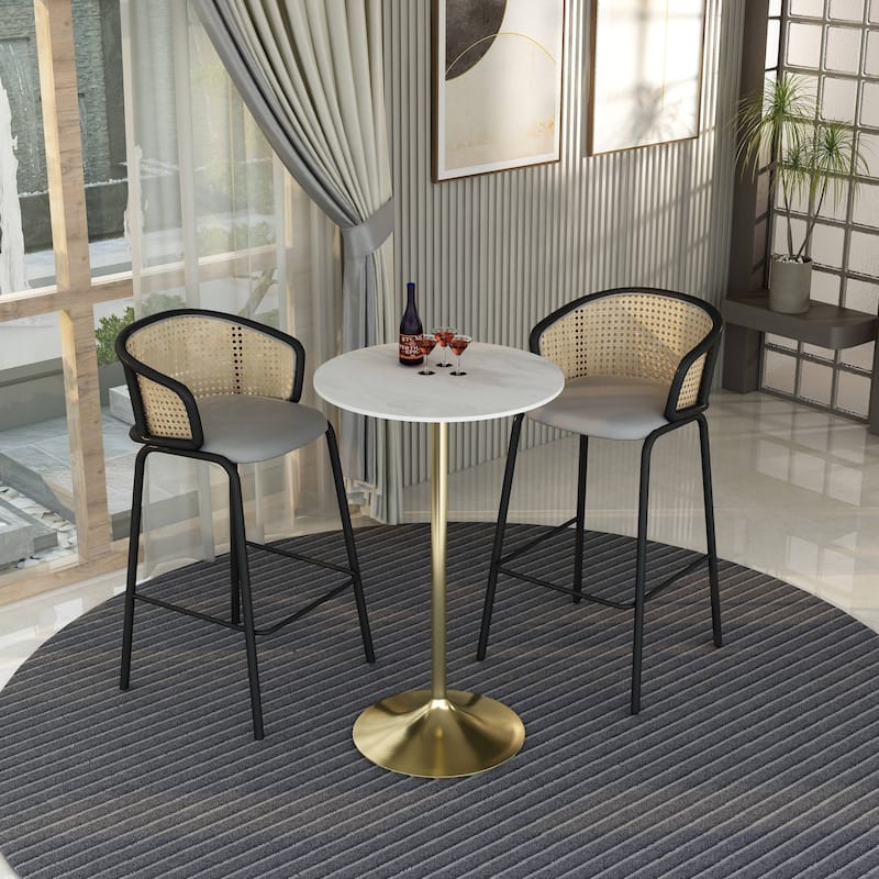 LeisureMod Verve 27" Bar Dining Table with Sintered Stone Round Top in Gold Steel, Gold Marbleized