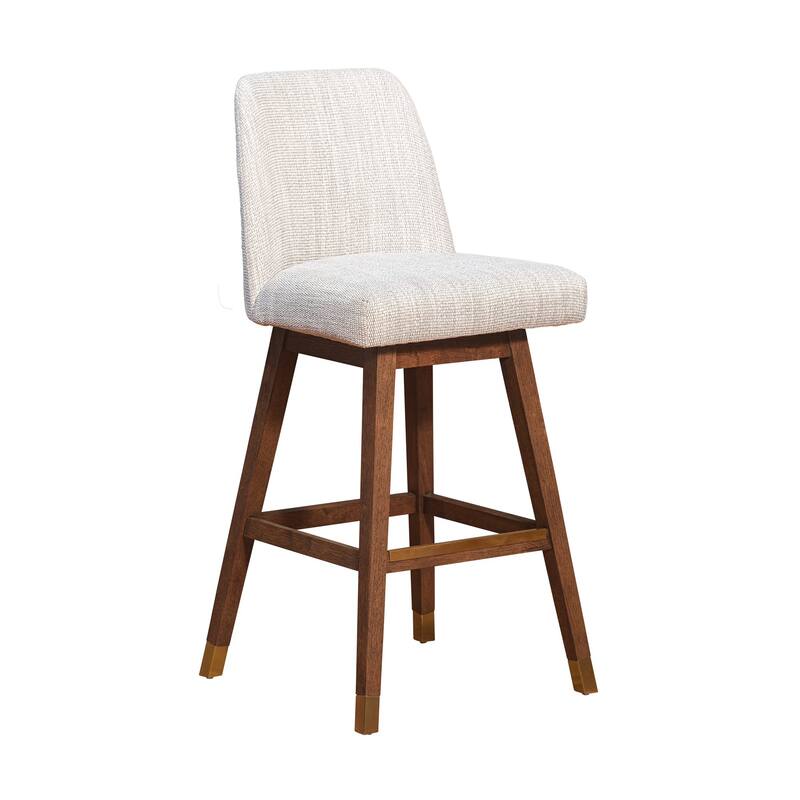 Lara 30 Inch Swivel Barstool Chair, Soft Beige Polyester, Brown Wood Legs