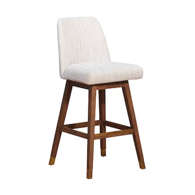 Lara 30 Inch Swivel Barstool Chair, Soft Beige Polyester, Brown Wood Legs