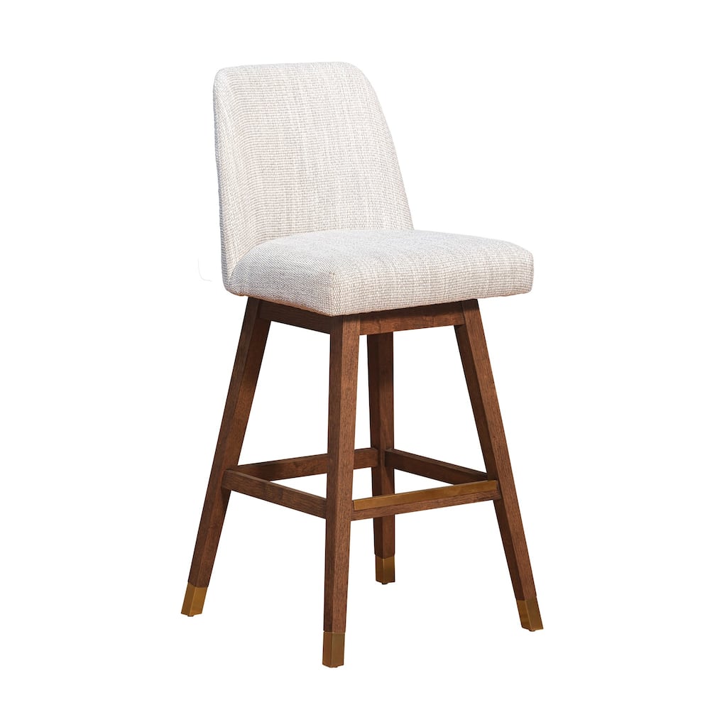 Lara 30 Inch Swivel Barstool Chair, Soft Beige Polyester, Brown Wood Legs