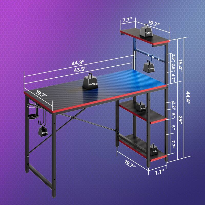 Bestier 44 in. Rectangular Gaming Desk with 4 Tier Storage Shelves Computer Desk with RGB LED Lights