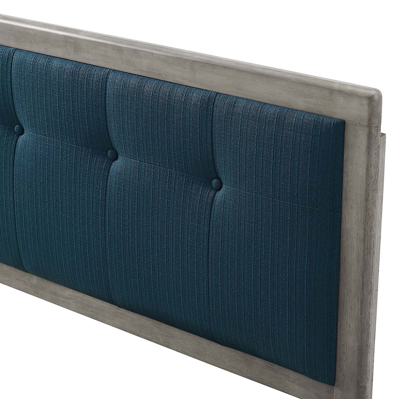 Marlin Traditional Blue Fabric Button Tufted King Size Grey Wooden Headboard