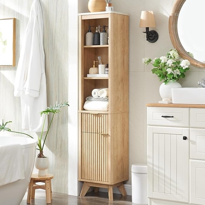 68" Tall Bathroom Narrow Storage Cabinet with Faux Marble Top