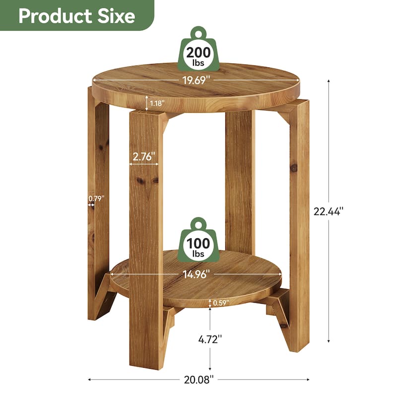 Round End Table with Storage Shelf, 2 Tier Solid Wood Side Table for Living Room