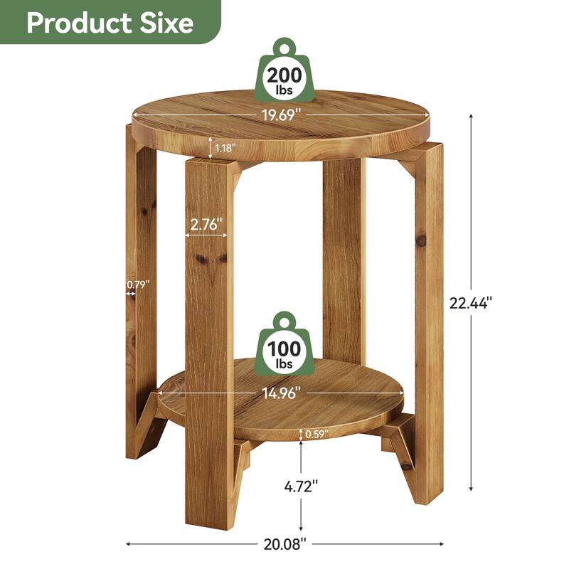 Round Side Table with Storage, 2 Tier Solid Wood End Table for Living Room / Bedroom