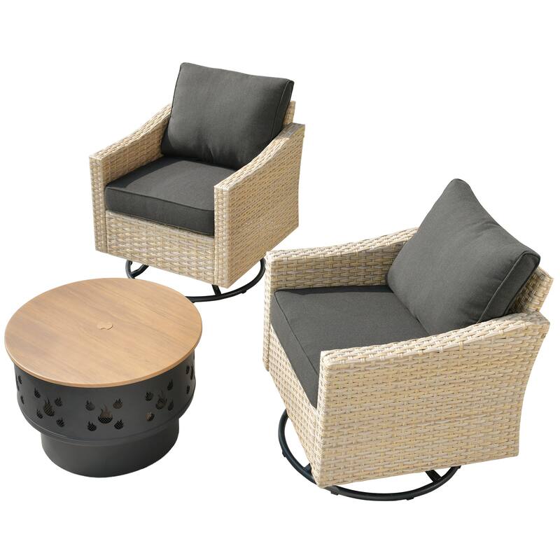 HOOOWOOO Outdoor 3-piece Rattan Wicker Swivel Rocking Chair Set with Wood Burning Fire Pit