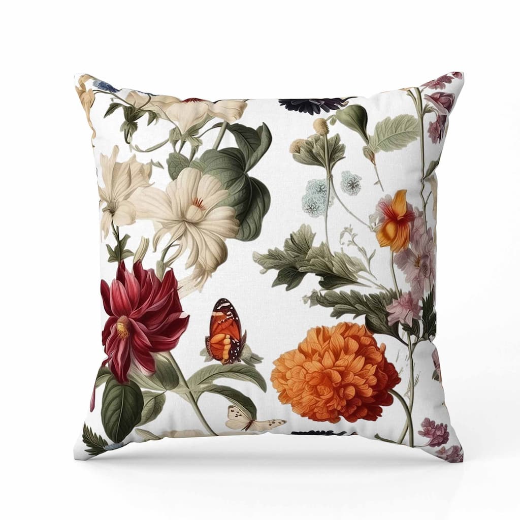 Mixed Flower Delight Indoor/Outdoor Reversible Throw Pillow White and Cream