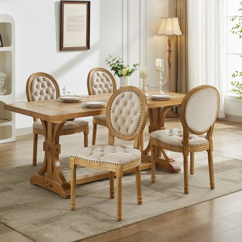Solid Wood Frame Antique Dining Chair, Hand-Pulled Buckle Decoration Velvet Dining Chair with Nailhead Trim, Set of 2