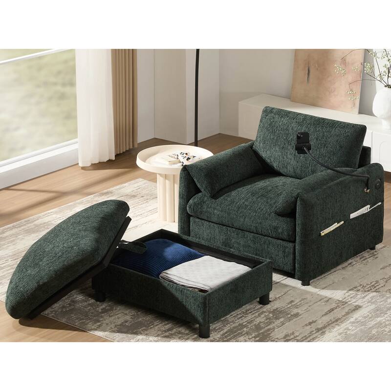 Roomfitters 37" Single Sofa with Storage Ottoman, Chenille Armchair with Phone Holder and Charging Ports, Lounge Chair