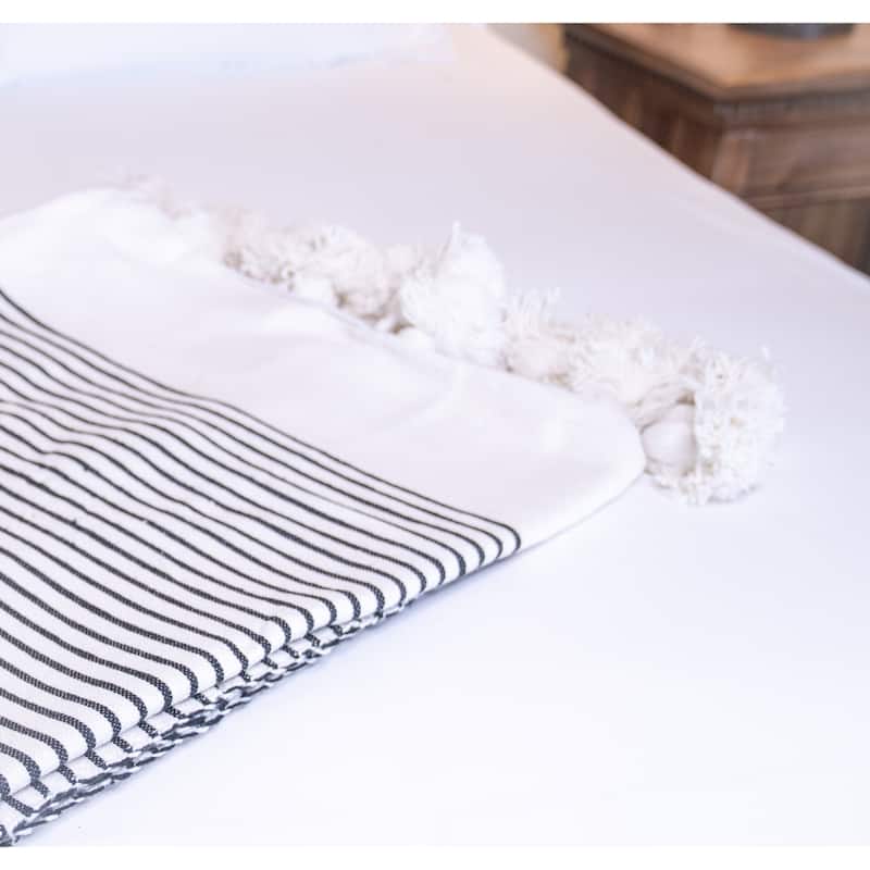 Handwoven Moroccan Blanket with Pom Pom in White and Black
