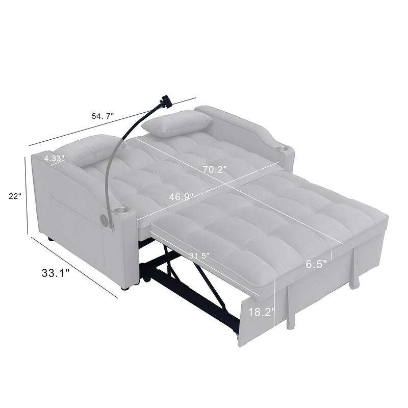 Light Gray Modern 70.2" Velvet 3 in 1 Loveseat Convertible Sofa Bed with Adjustable Back and USB Charging Port for Living Room