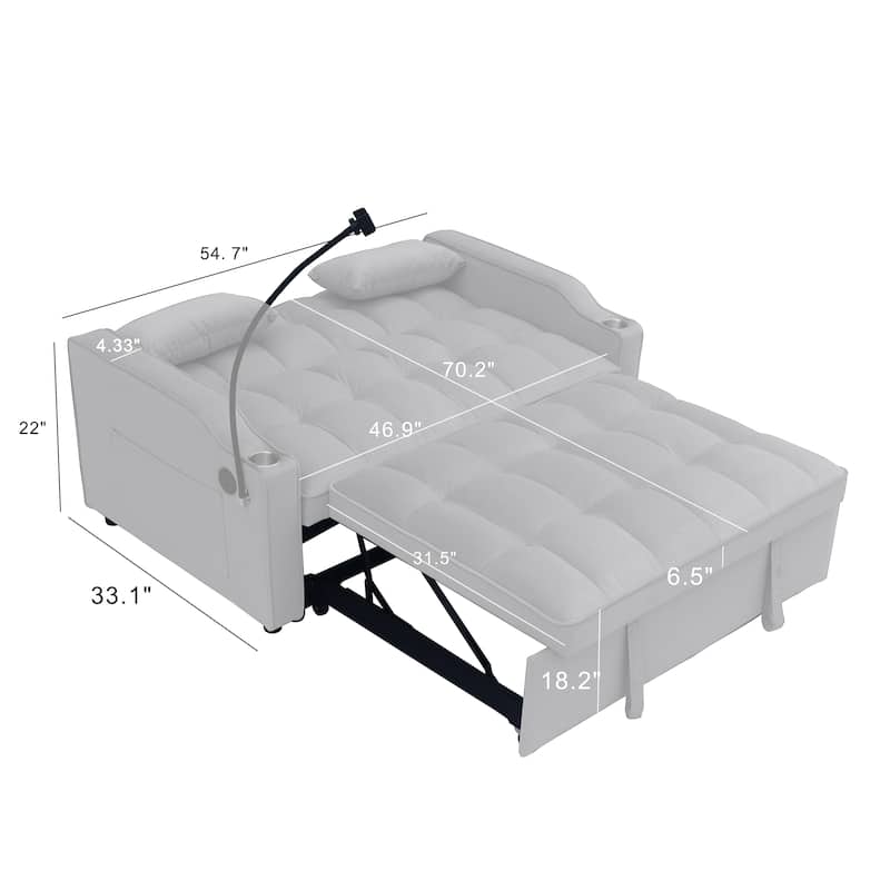 Light Gray Velvet Convertible Sleeper Loveseat Sofa with Adjustable Backrest