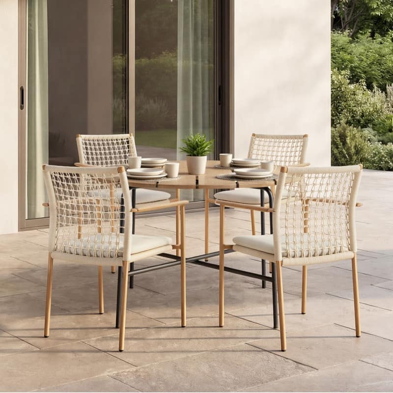 Spruce & Spring Modern Woven Rope Outdoor Patio Dining Armchair with Cushion (Set of 4)