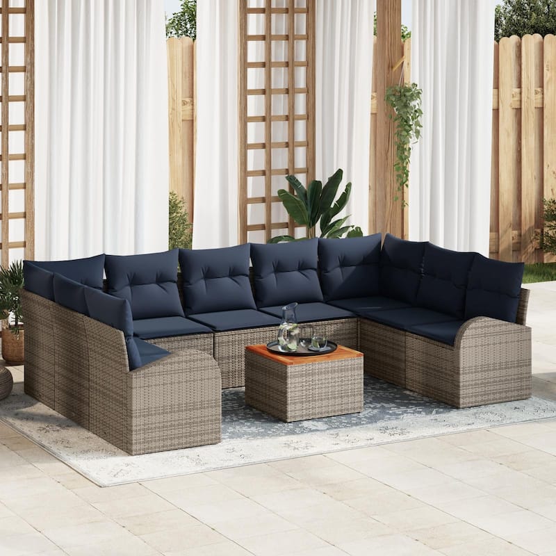 vidaXL 10 Garden Sofa Set with Cushions Black/Grey Poly Rattan - 113.8 x 70.5 x 27.2 - Grey