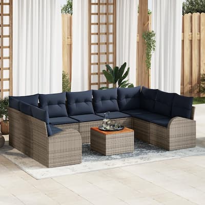 vidaXL 10 Garden Sofa Set with Cushions Black/Grey Poly Rattan - 113.8 x 70.5 x 27.2