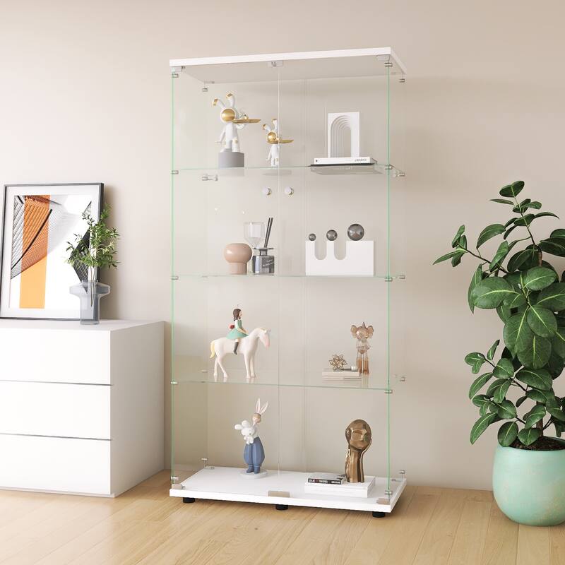Two-door Glass Display Cabinet 4 Shelves with Door, Floor Standing Curio Bookshelf