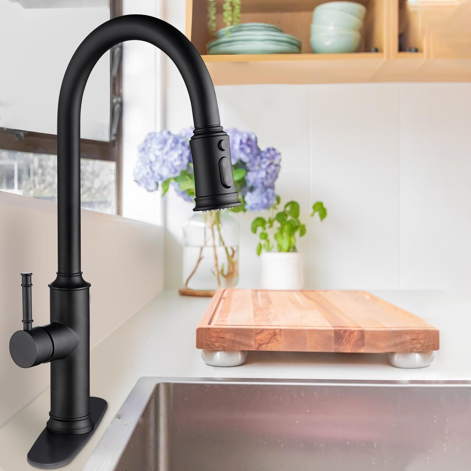Mid-Century Matte Black Kitchen Sink Faucet Pull Out Sprayer Faucet for  Island Sink
