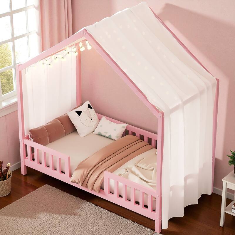 Montessori House Bed with Canopy, Twin/Full Kids Floor Bed Frame with High Railings, Wooden Roof Bed for Toddlers and Children