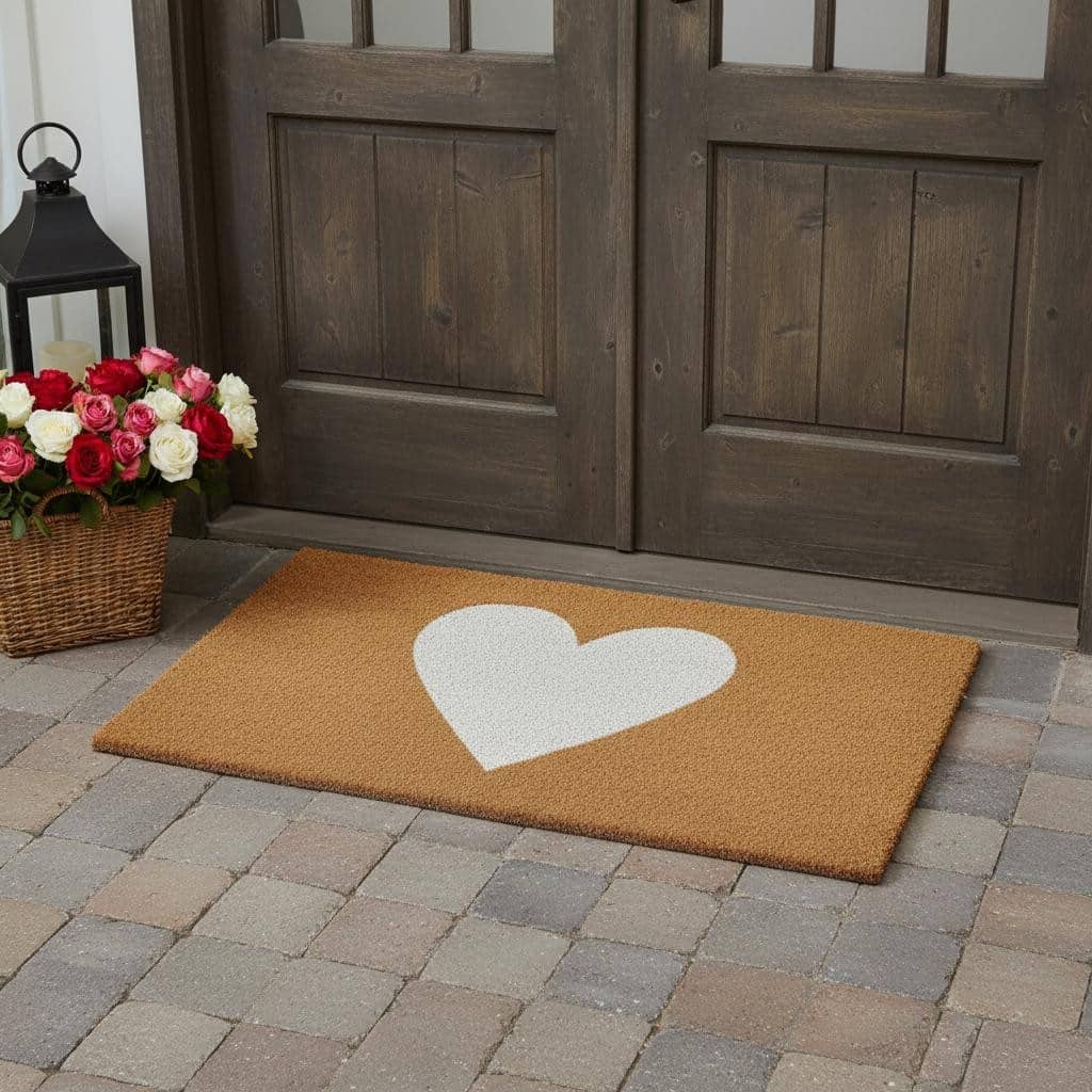 HomeRoots 36" X 72" Brown And White Heart Outdoor Coir Door Mat - 36.00' X '72.00