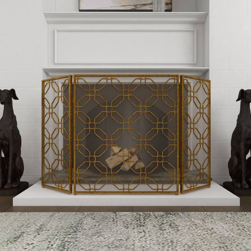 Gold Metal Foldable Mesh Netting 3 Panel Geometric Fireplace Screen