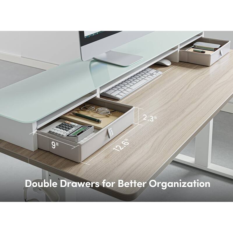 FEZIBO Height Adjustable Glass Electric Standing Desk with Double Drawer, Stand Up Desk with Storage Shelf