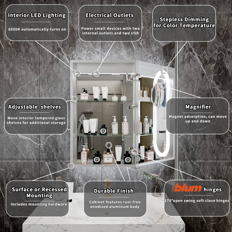 Modland 20"-24"W x 32"H Medicine Cabinet with Mirror and LED Light Wall Mount or Recessed