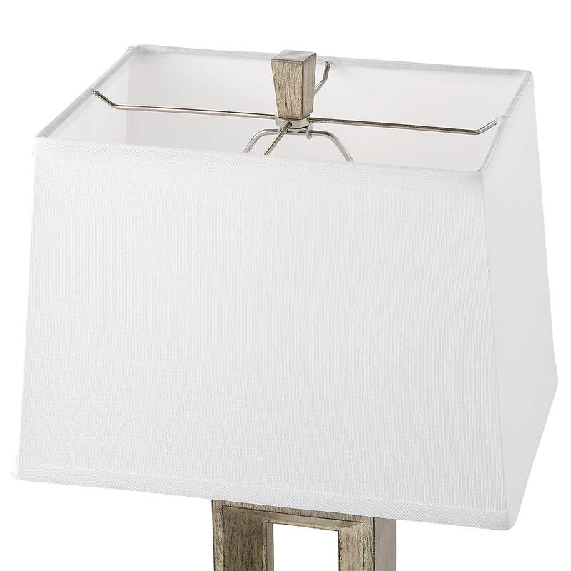27.4 in. Bronze and Wood Tone Table Lamp with Double USB Port and White Linen Shade (Set of 2) - 27.4"H