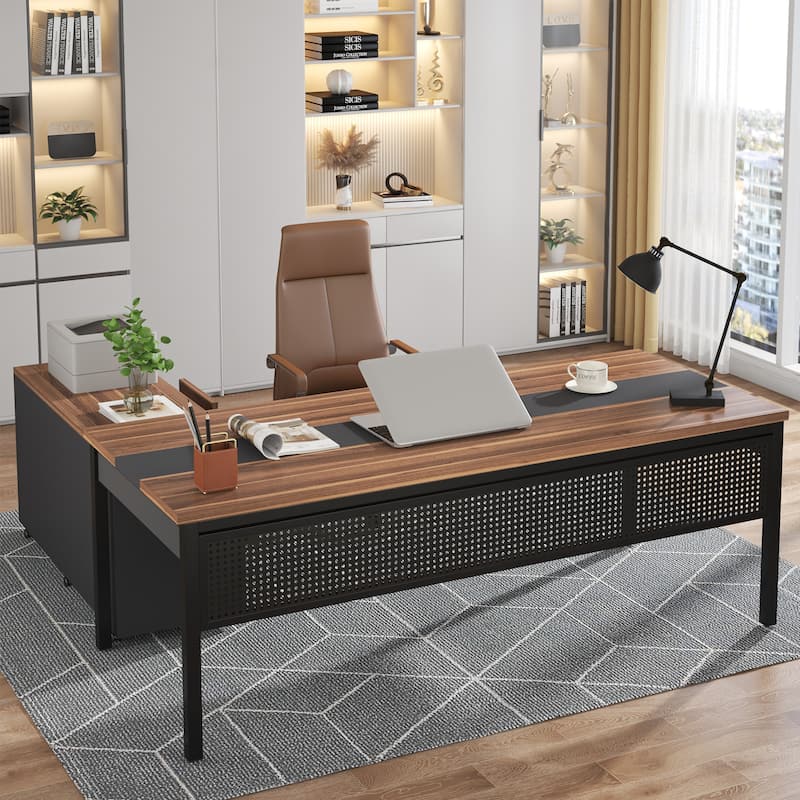 71 Inch Long Office Desk with Drawers & Mobile File Cabinet, L-Shaped Executive Desk with Storage for Home Office - Brown & Black