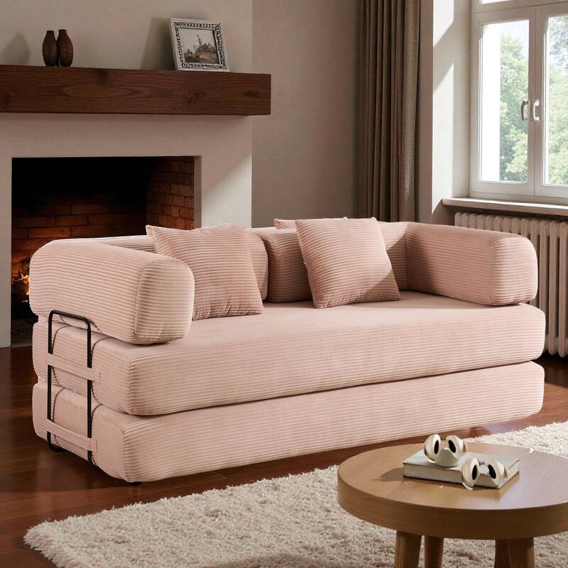 Convertible Corduroy Sleeper Sofa Bed, 4-in-1 Folding Mattress Couch with Cylindrical Pillow & Fixed-Shape Frame, No-Assembly - Pink