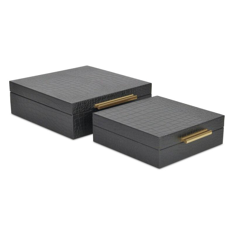 Set of 2 Black Square Faux Croco Decorative Box with Handles 9.75"