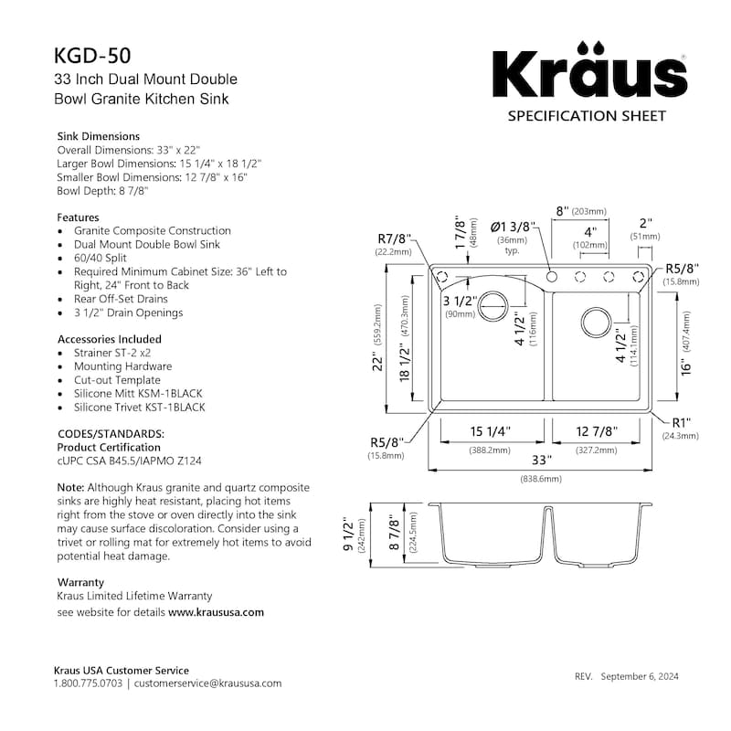 KRAUS Forteza Granite 33 inch 60/40 Undermount Drop-in Kitchen Sink