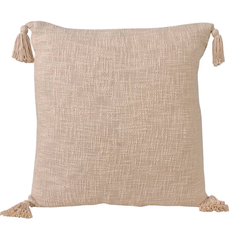 Sevita Solid Cotton Throw Pillow with Tassels - 20" x 20" - Polyester - Beige