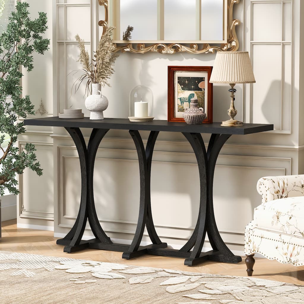 59.8" Long Wooden Console Table, Living Room Entryway Table with Oak Veneer Top and Slender Curved Legs
