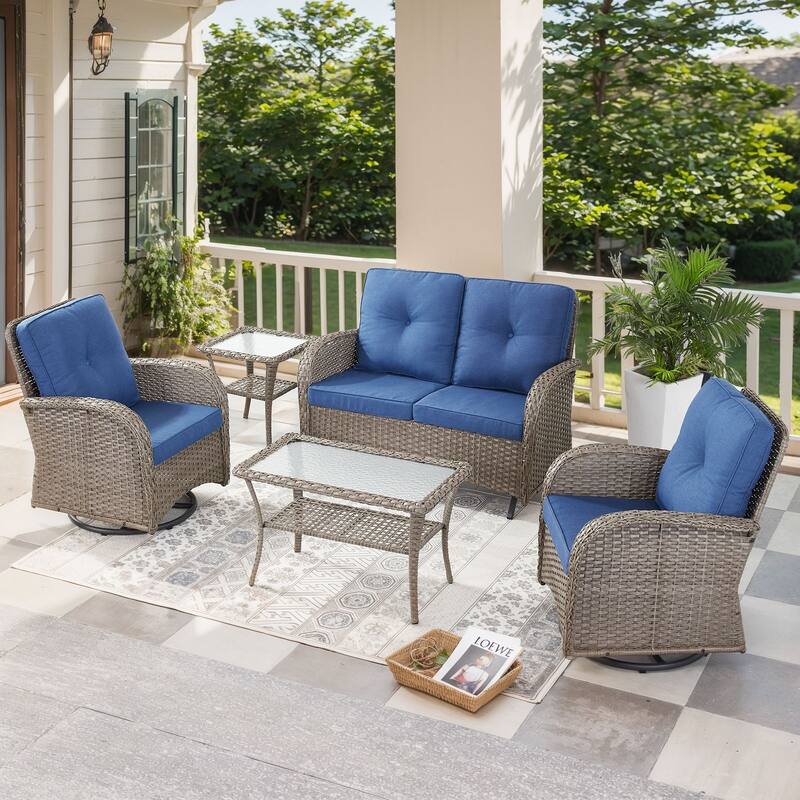 Outdoor Glider Loveseat Sofa with Swivel Chair Set - Grey - Blue