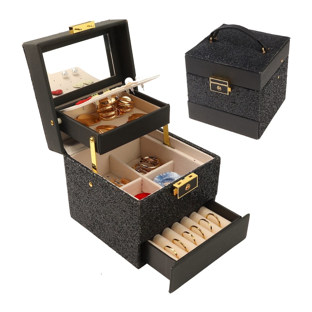 3 Layer Jewelry Box with Mirror for Girls, PU Leather Sequins Jewelry Organizer Case Storage Display Holder with Drawer