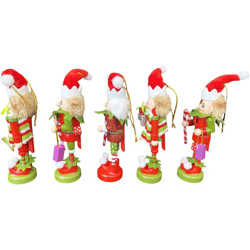 5" Elf Nutcracker Ornaments, Set of 5