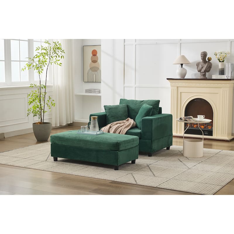 Chaise Lounge Chair with Removable Ottoman, Modern Accent Armchair Corduroy Sleeper Sofa Chair with Pillows for Living Room