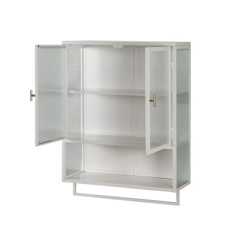 23.62" Modern Fluted Glass Wall Cabinet with Two Doors, Open Shelf & Towel Rack