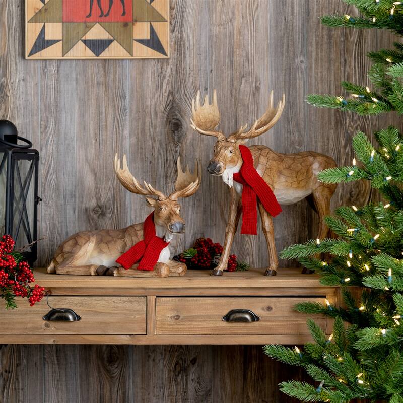 Carved Winter Moose with Scarf Christmas Tabletop Decoration - 20.5" - Set of 2