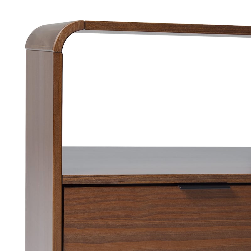 Modern Curved-Top Solid Wood Nightstand with Drawer and Open Storage - Brown