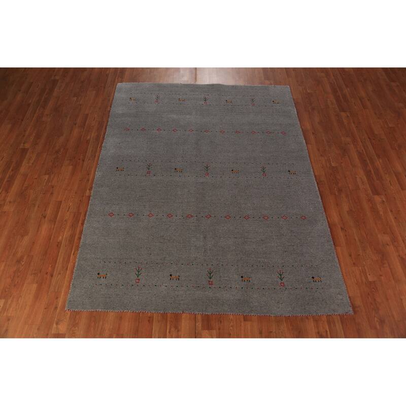 Gabbeh Oriental Area Rug Hand-Knotted Tribal Grey Wool Carpet - 5'8" x 7'7"