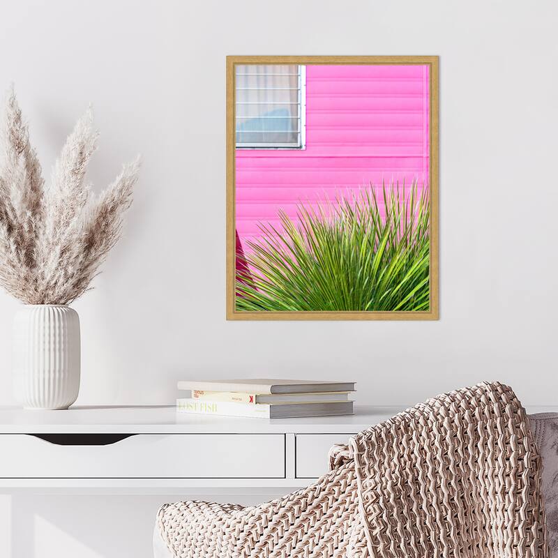 Vintage Pink Camper Trailer with Cactus by Tom Windeknecht Framed Canvas Wall Art Print - Sylvie Bright Gold