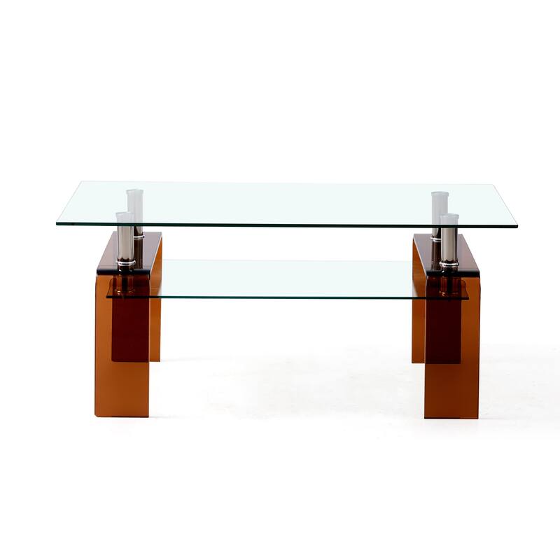 Tempered Glass Coffee Table, Modern Glass Coffee Table for Living Room, 2-Tier Storage Center Coffee Table with Brown Le
