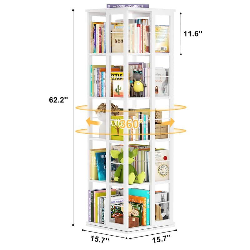 5-Tier Corner Rotating Bookshelf, 360 Display Wood Spinning Bookshelf, Floor Standing Bookcase Organizer Storage Rack