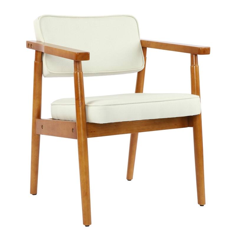 Walnut Faux Leather or Linen-Like Fabric Upholstered Dining Chair - Padded Armchair with Solid Wood Frame & Open Back
