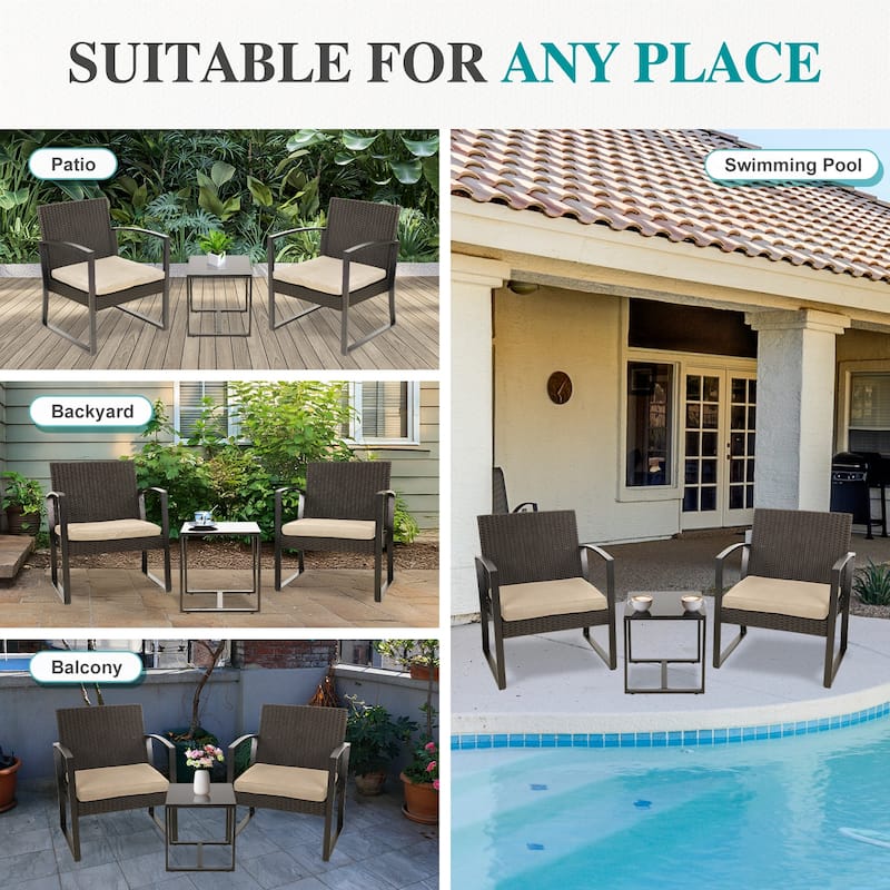 Aoodor 3-Piece Patio Furniture Set, Outdoor Rattan Wicker Chairs and Coffee Table