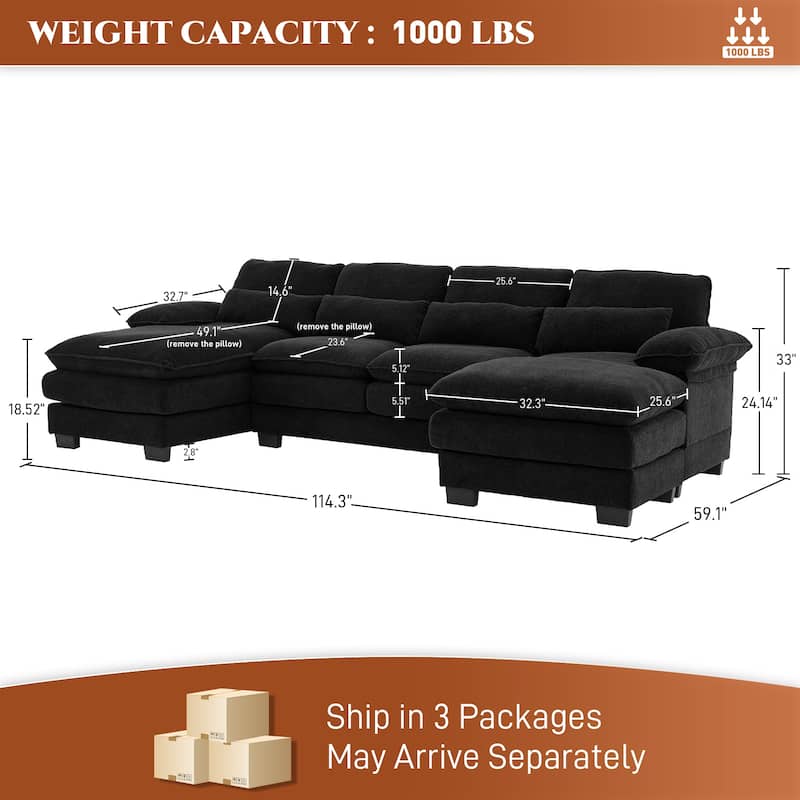 Ouyessir Soft Chenille Fabric U-shaped Sectional Sofa Set with Doudle Layer Cushion